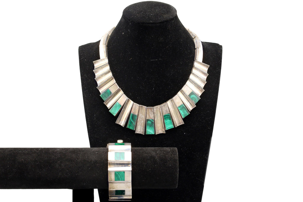 Monteros TM-100 Taxco Mexico Jewelry Set, 970 Silver And Green Malachite, Cleopatra Bib Collar Necklace And Bracelet, Articulated, Graduated