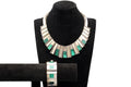 Monteros TM-100 Taxco Mexico Jewelry Set, 970 Silver And Green Malachite, Cleopatra Bib Collar Necklace And Bracelet, Articulated, Graduated