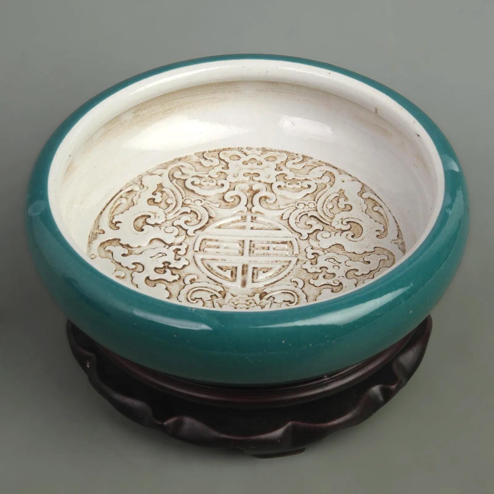 Antique Wang Bingrong's Peacock Green Glazed Inner Carved Porcelain Brush Washer,  Flower Pot In A Qing Dynasty Style, Oriental Home Decor