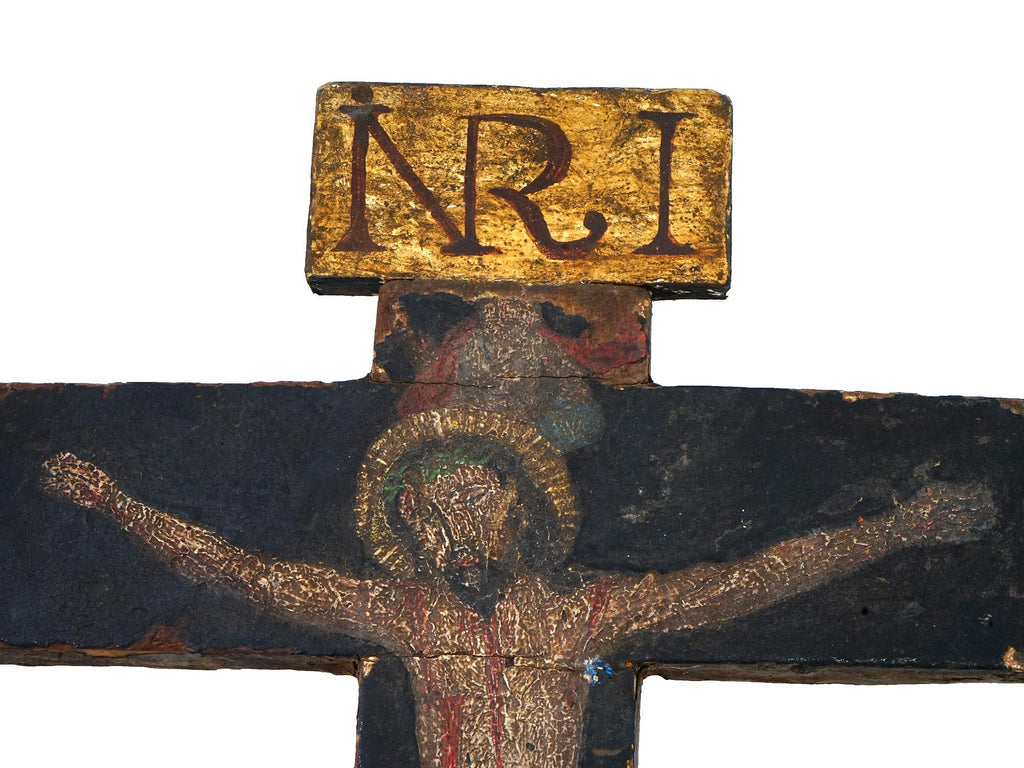 Late 19th Century Catholic Standing Crucifixion, The Holy Cross Of Souls, Cruz De Las Animas, Painted Wood Ex Voto, Mexican Religious Art