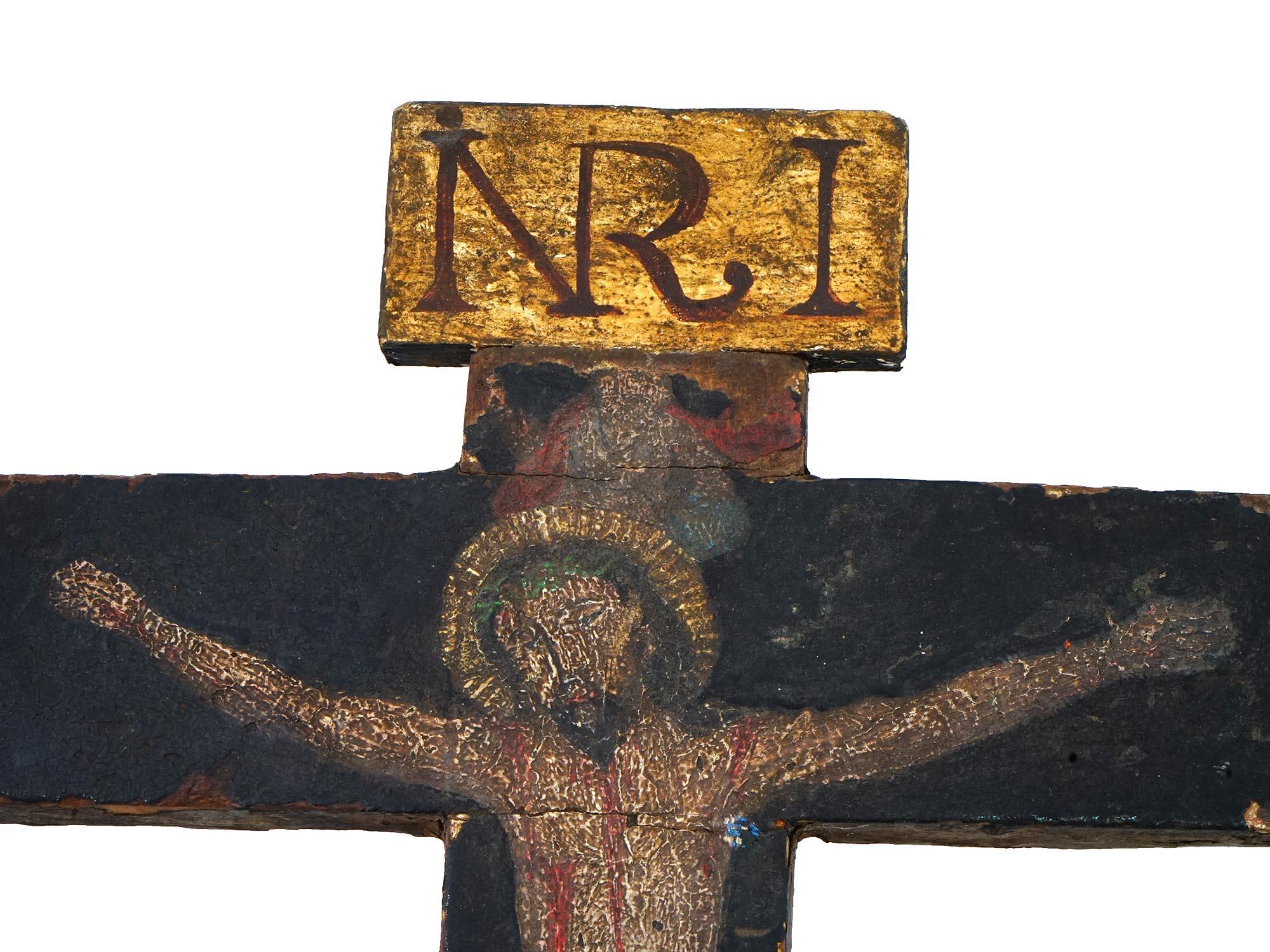 Late 19th Century Catholic Standing Crucifixion, The Holy Cross Of Souls, Cruz De Las Animas, Painted Wood Ex Voto, Mexican Religious Art