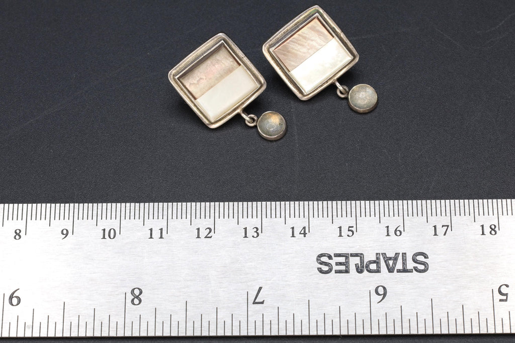 Rare 1960s GFMW Stud Earrings, Square 925 Sterling Silver With A Mother Of Pearl Mosaic And A Moonstone Dangle, Womens Fashion Accessories