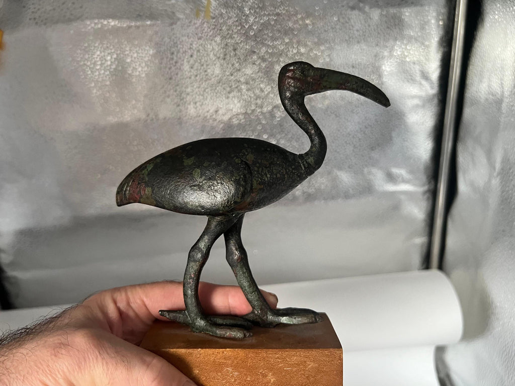 Ancient Egyptian Bronze Figure Of An Ibis Bird, Small Statuette Of An African Sacred Ibis, God Thoth Cast Bronze Art Statuette Circa 340 BCE