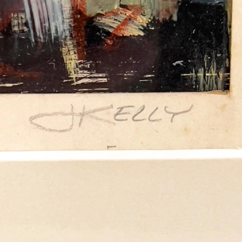 Small Format Oil Painting Signed James Kelly, Retro Mid Century Americana Art And Decor, Expressionist Artworks About Construction Workers