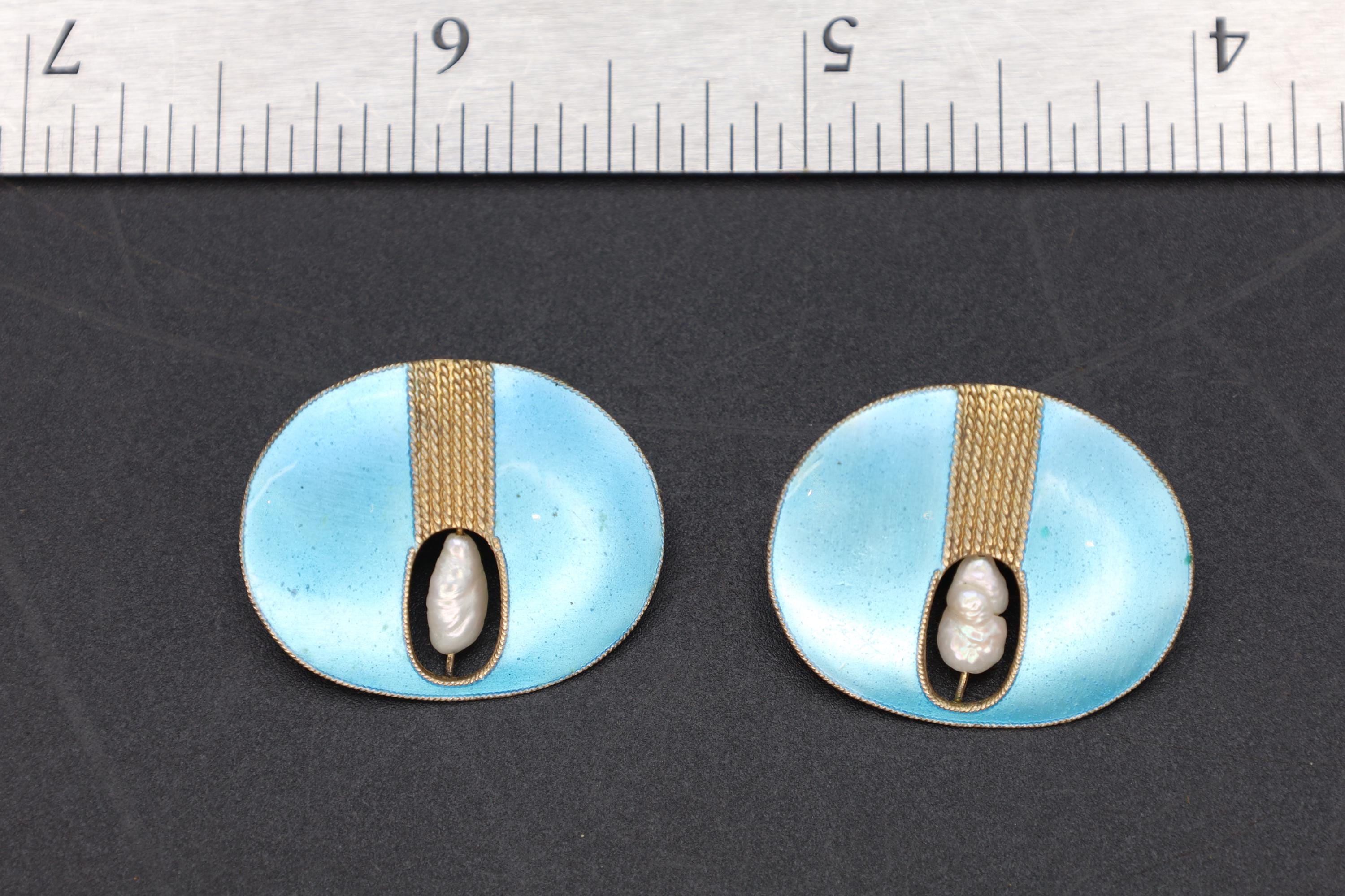Large stud Earrings, Enamel and water pearls, Gold Gilt Vermeil, Modernist Design, Vintage Fashion Accessories, Gift to her