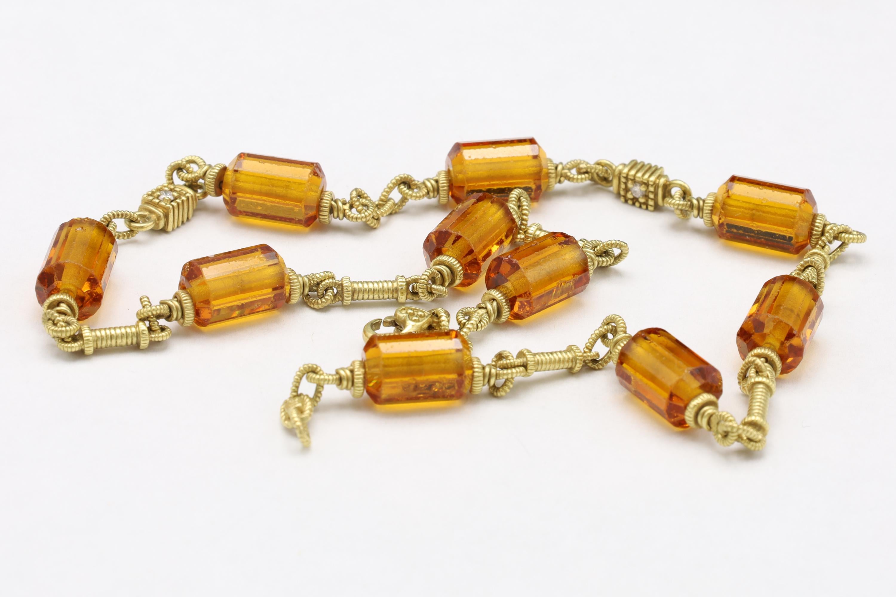 Judith Ripka Necklace, Clear White Diamonds, Orange Citrine Gemstones And 18 Karat Yellow Gold Links And 18K Chain, Luxury Jewelry Brands