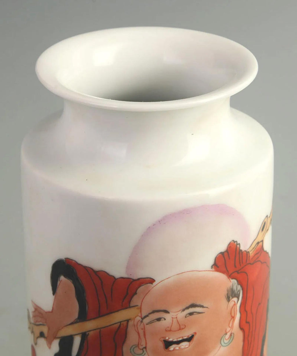Antique Famille Rose Barrel Vase, Imperial Qing Dynasty China, A Flower Vessel With Happy Buddha, Budai Arhat, Oriental Home Decor And Art