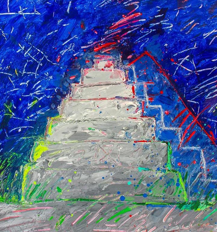 Elfi Schuselka Pyramid Architecture, Expressionist Art Painting Acrylic On Paper Of A Zigurat On A Landscape, Austrian American Artist