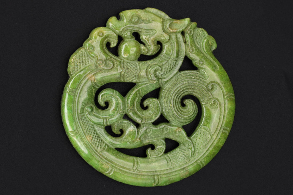 Vintage 1980s Green Jade Pendant With Celestial Dragon, Hand Carved Spinach Jade Like Stone, Chinese Zodiac, Feng Shui, Good Luck Amulets