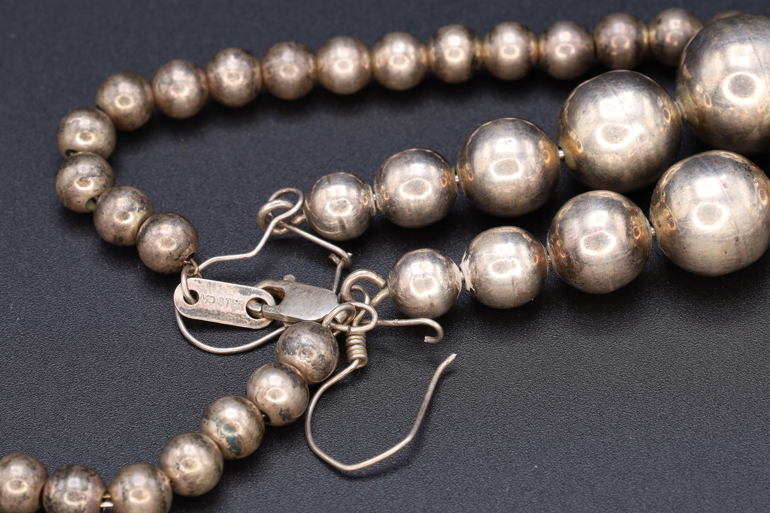 Mid Century Graduated Ball Beads Jewelry Set, A Beaded Necklace And Large Dangle Earrings, 925 Sterling Silver, Retro Fashion Accessories