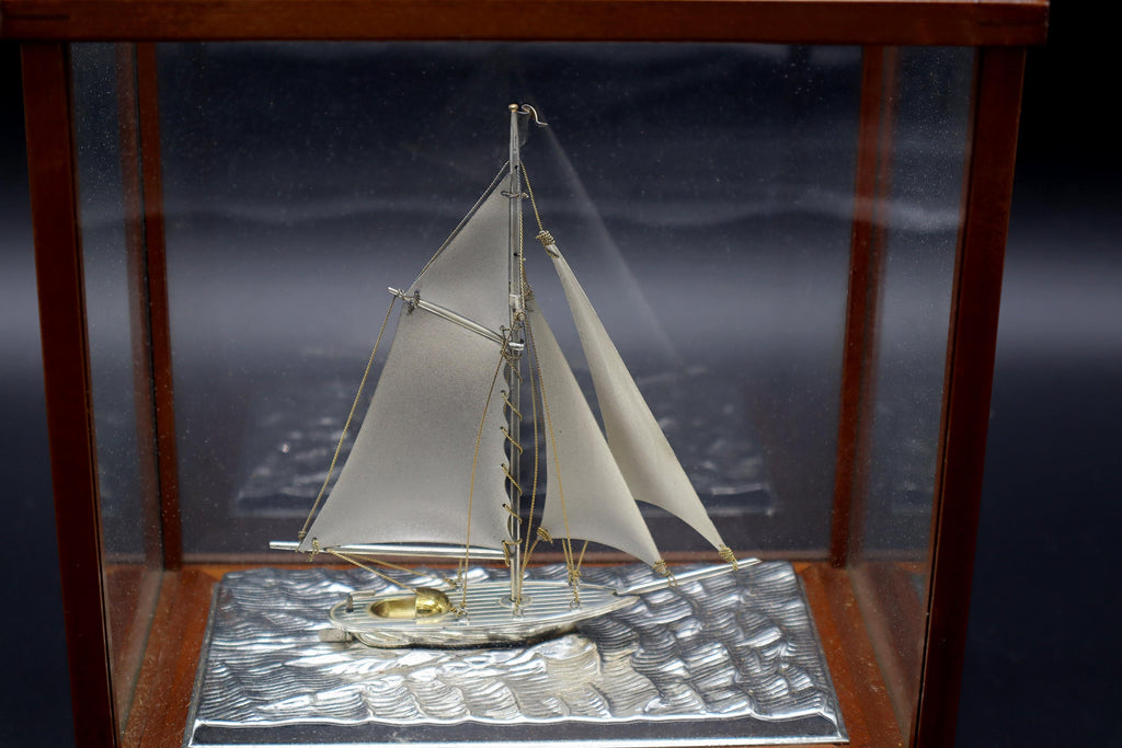 1970s Handmade And Finely Detailed Silver Electroplated Model Of A Sailing Ship, Sports Boat Sculpture By Japanese Silversmith Seki Takehiko