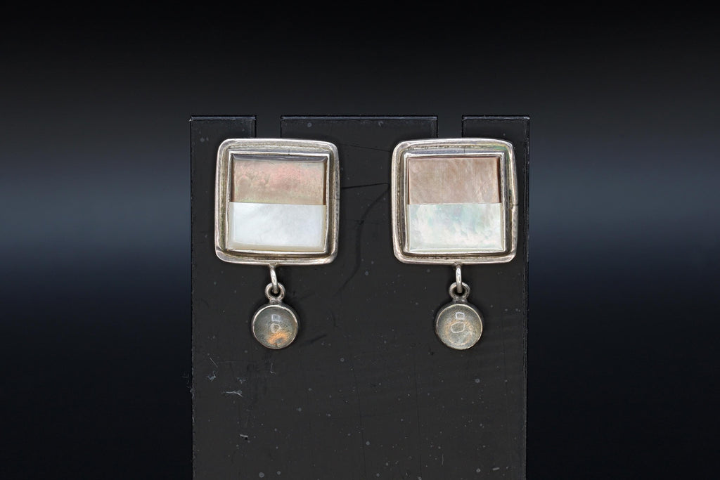 Rare 1960s GFMW Stud Earrings, Square 925 Sterling Silver With A Mother Of Pearl Mosaic And A Moonstone Dangle, Womens Fashion Accessories