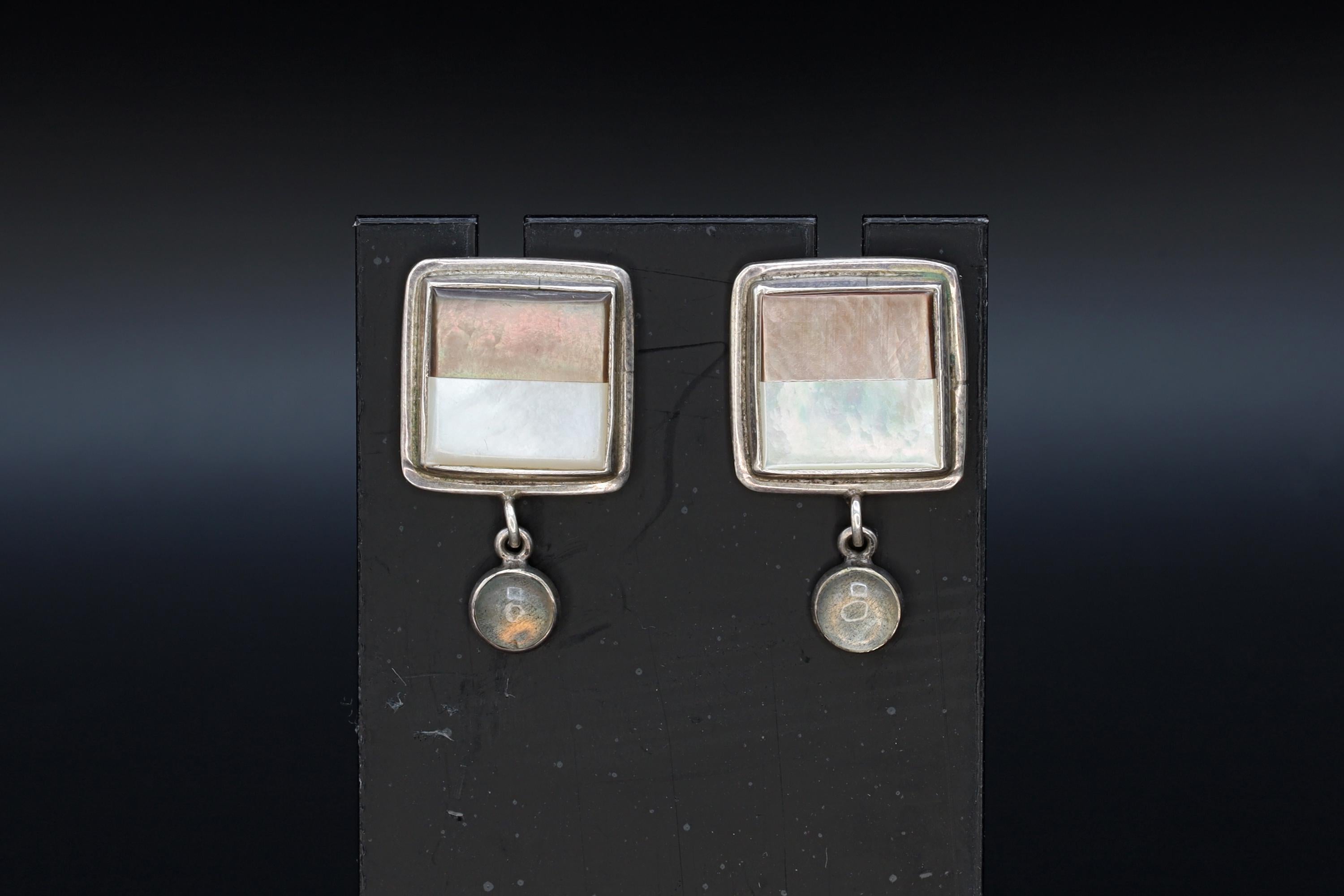 Rare 1960s GFMW Stud Earrings, Square 925 Sterling Silver With A Mother Of Pearl Mosaic And A Moonstone Dangle, Womens Fashion Accessories