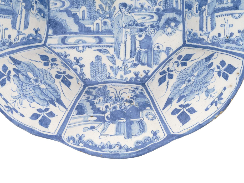 Antique 17th Century Kraak Ceramics, Large Blue And White Charger Plate With Lobulated Design, Germany Circa 1680s In A Chinoiserie Style