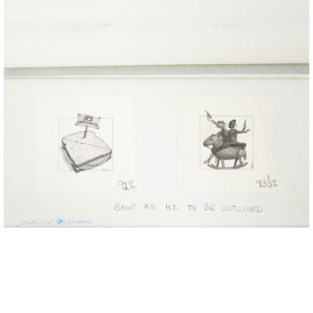 J Michael McGinn, Art Pencil Drawings 1970s, USA Political Caricature, Fortune Magazine, Sheldon Cotler for the Keeping Up, Small Vignettes