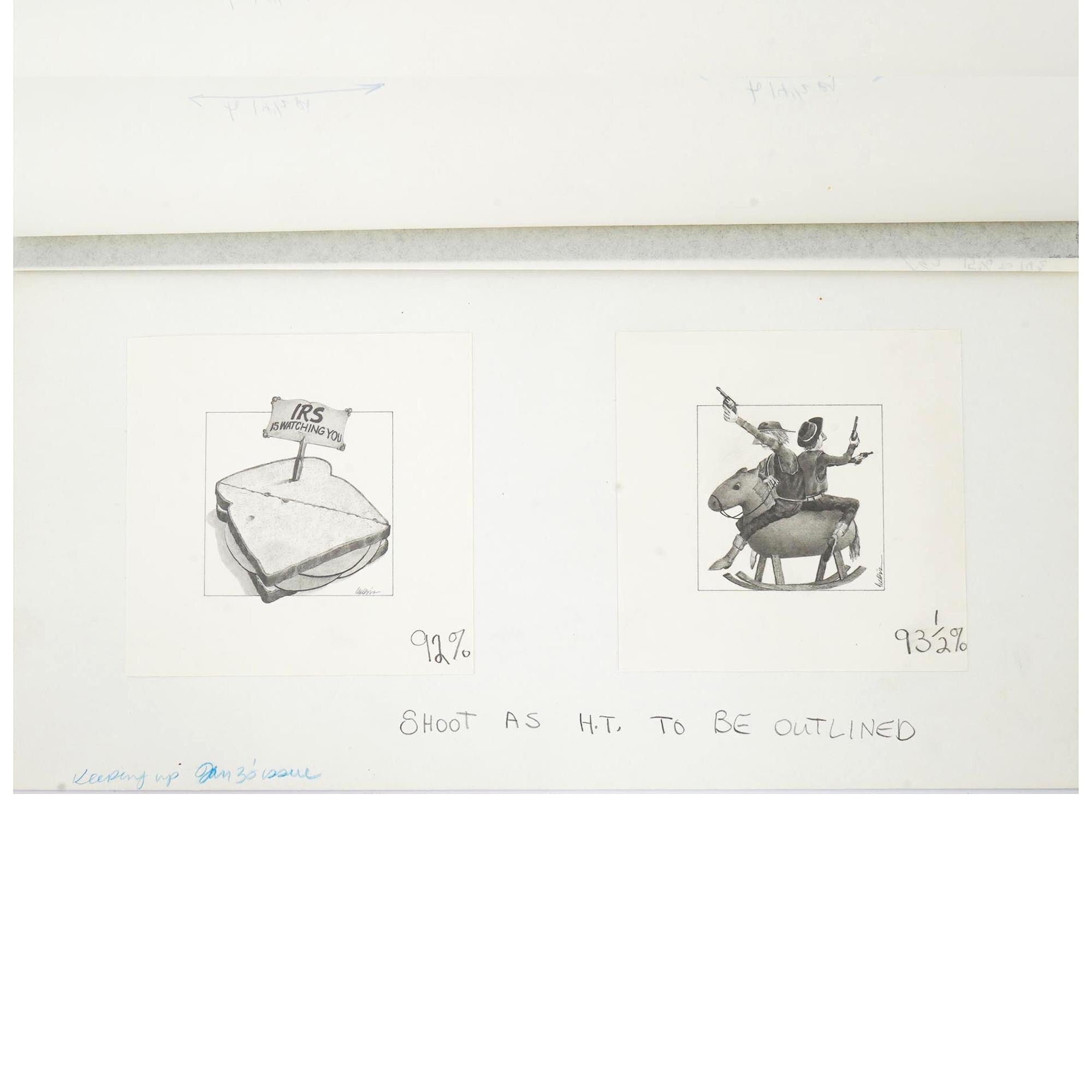 J Michael McGinn, Art Pencil Drawings 1970s, USA Political Caricature, Fortune Magazine, Sheldon Cotler for the Keeping Up, Small Vignettes