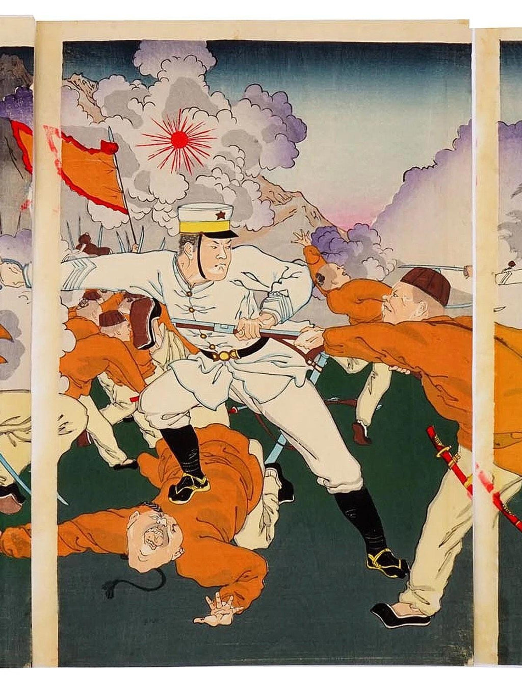 Ukiyoe Art, Original 1894 Japanese Meiji Era Senso-e Military Woodblock Print Triptych Military Art, Asian Oriental Art, Battle Of Seonghwan