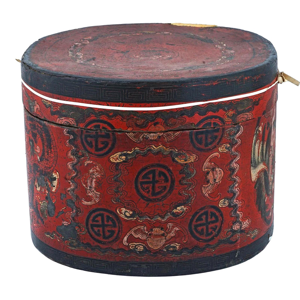 Antique Chinese Red Lacquer Lidded Hat Box, Large Size, Late Qing Dynasty 1890s Storage Case With Lid On Top, Dry Food Nuts Container