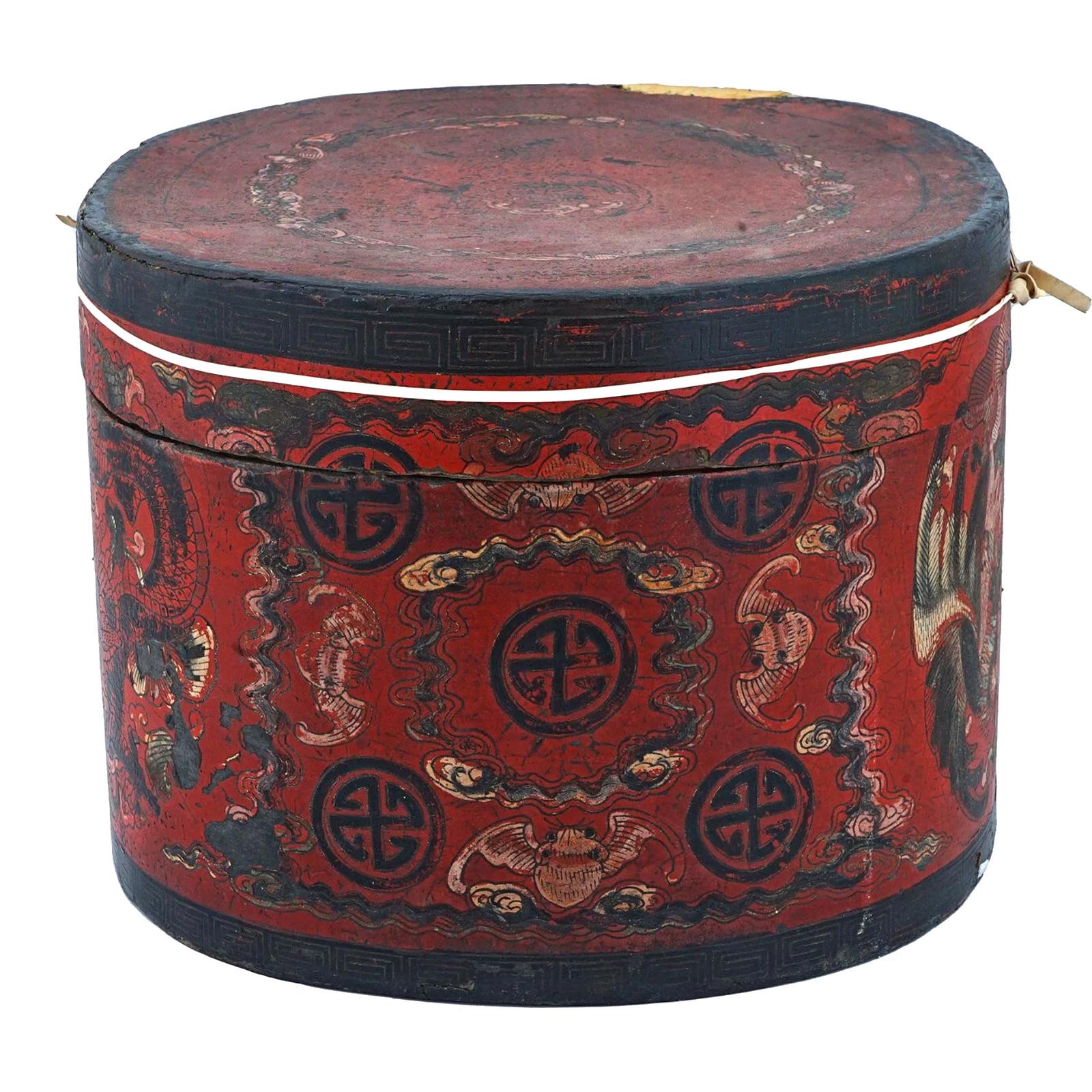 Antique Chinese Red Lacquer Lidded Hat Box, Large Size, Late Qing Dynasty 1890s Storage Case With Lid On Top, Dry Food Nuts Container