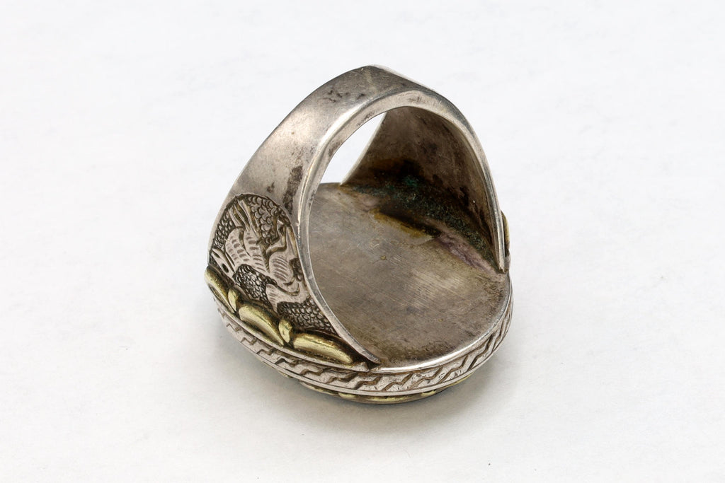 Carnelian Intaglio Cameo, Silver And Gold Ring Size 10, Mens Jewelry From The Middle East Around Late 19th Century, Folk Antiques Art