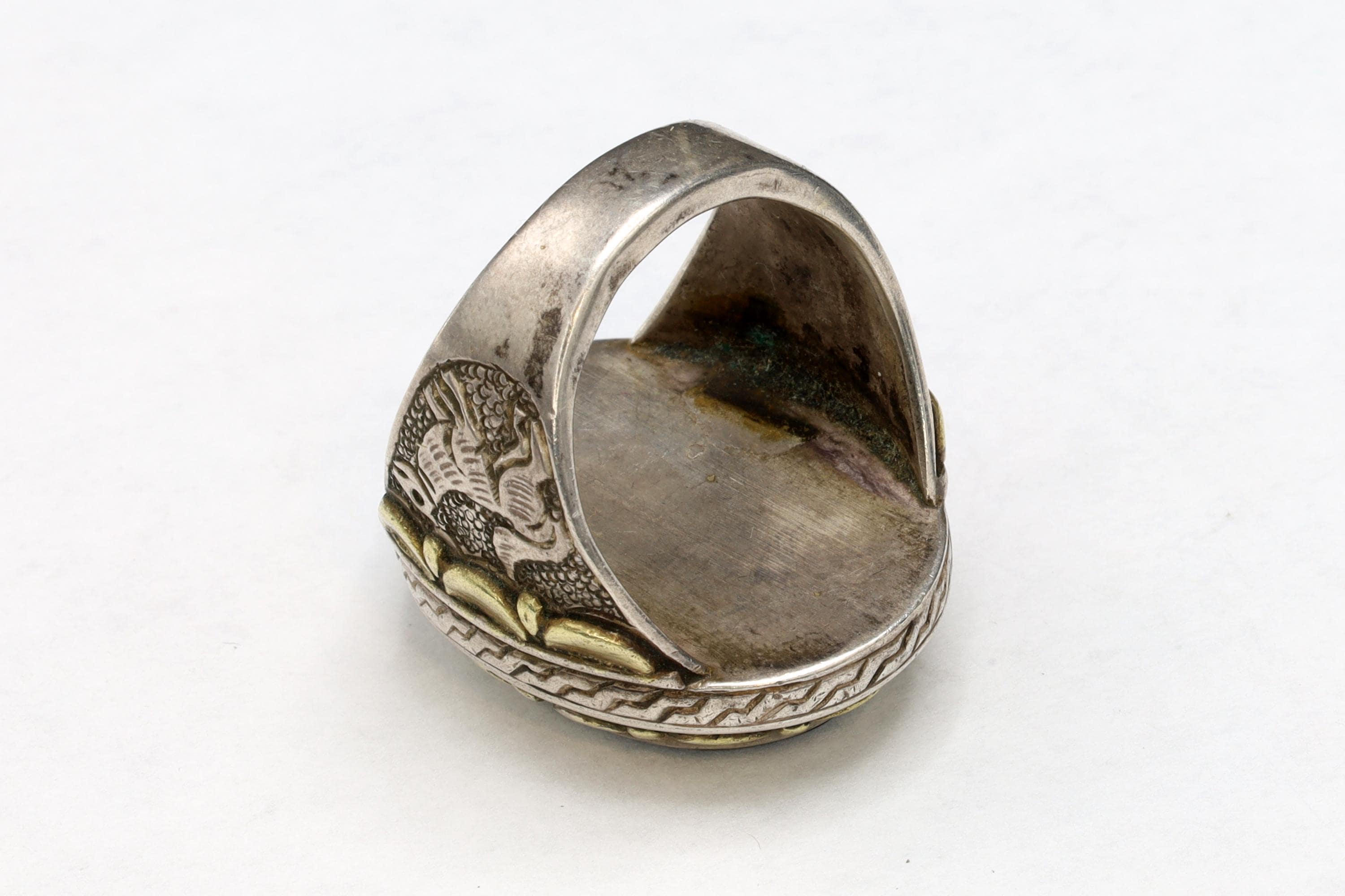 Carnelian Intaglio Cameo, Silver And Gold Ring Size 10, Mens Jewelry From The Middle East Around Late 19th Century, Folk Antiques Art