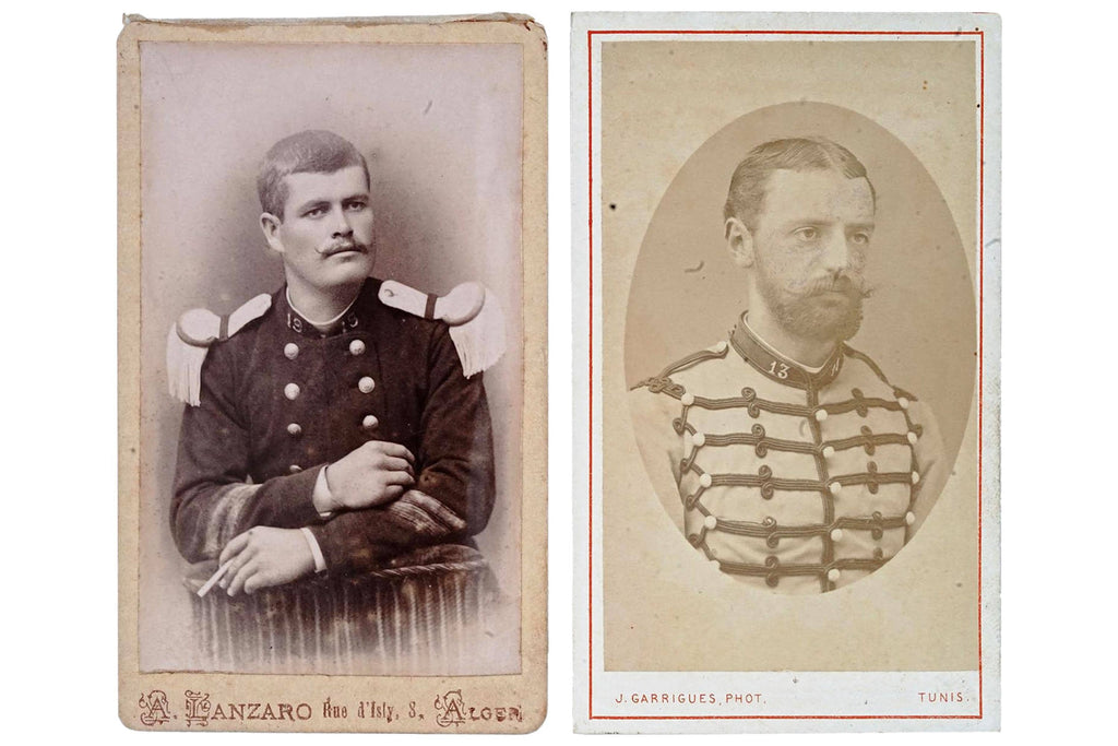 Antique 19th Century French Military Carte de Visite Photographs, Pair Of 1890s Cabinet Portraits Of Young Male Soldiers, North Africa