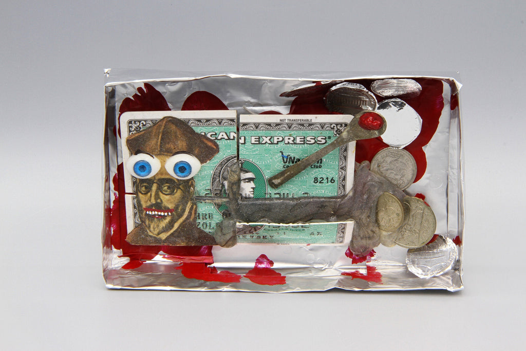 The Hidden Crimes of Mister Archbishop, Diorama Box FIgurine, Mixed Media Art Object, Punk Religious Art, Recycled Trash, Money Silver Coins