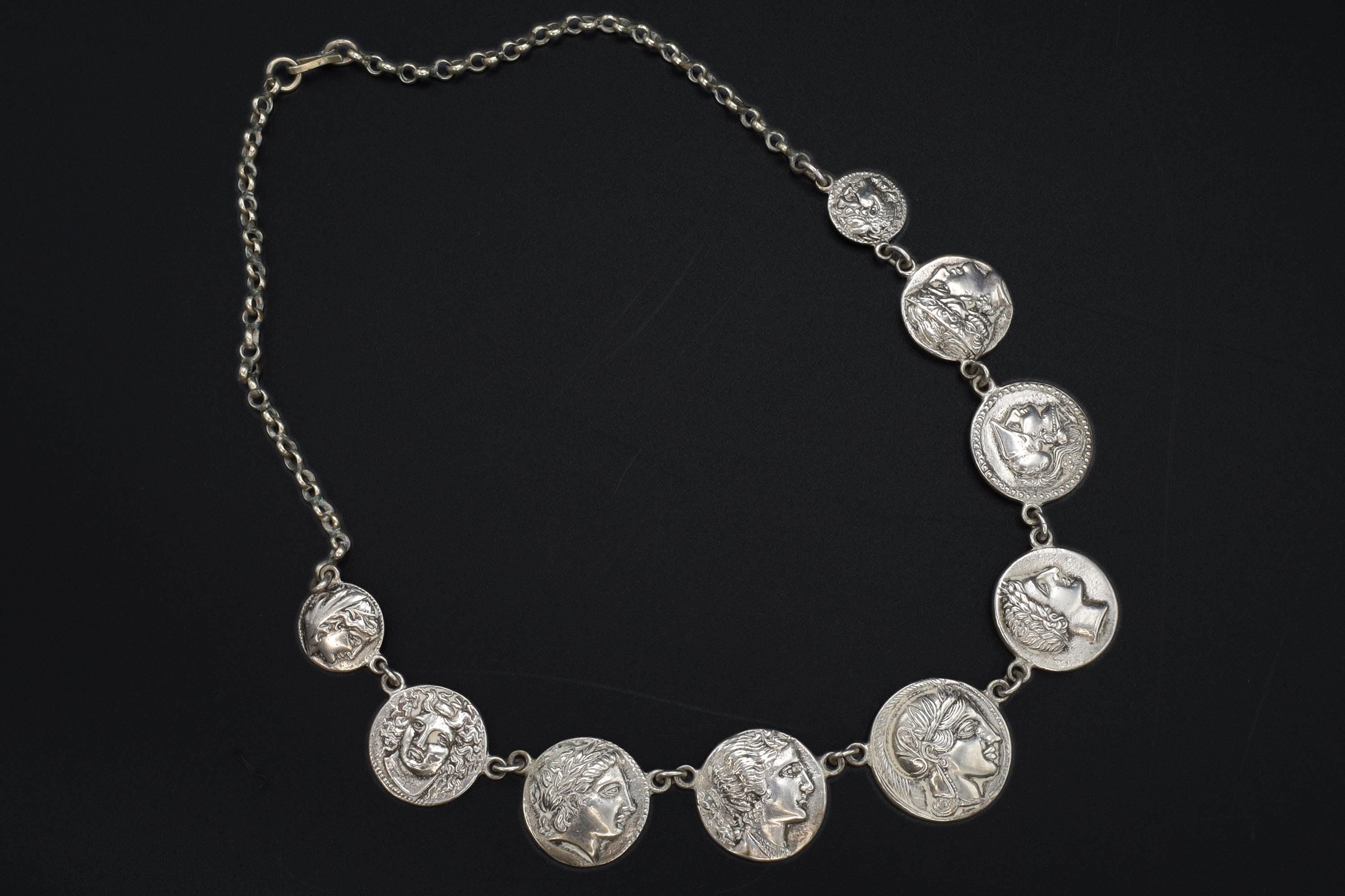 Ancient Greek Coins Necklace, A Vintage 800 Silver Bib Chain Medallion Panel Necklace From Germany, Circa 1960s Fashion Jewelry Accessories