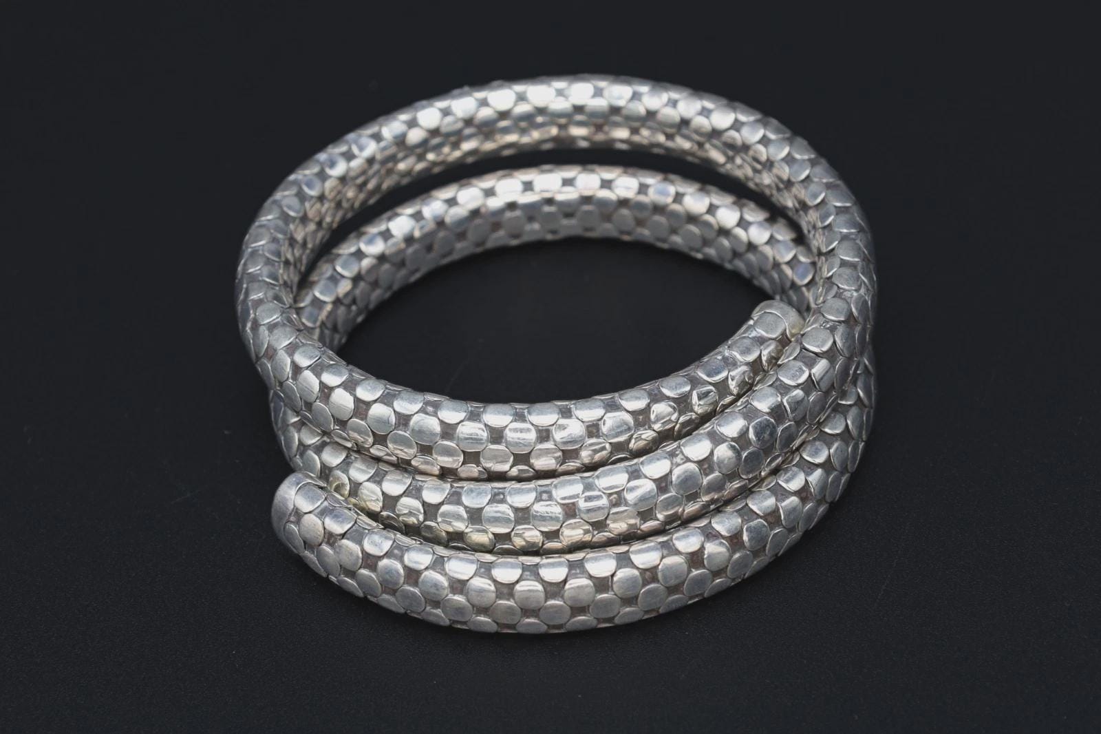 Cleopatra Snake Cuff By Fashion Designer John Hardy, 925 Silver Coiled Polka Dot Cable Bracelet, Vintage Retired Model