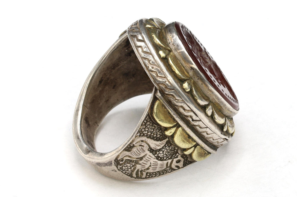 Carnelian Intaglio Cameo, Silver And Gold Ring Size 10, Mens Jewelry From The Middle East Around Late 19th Century, Folk Antiques Art