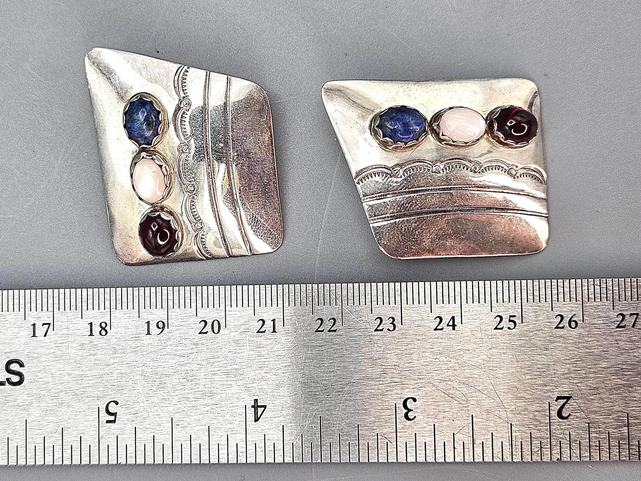 Vintage Navajo Stud Earrings With Stones, Native American Jewelry Art Signed By A Master Silversmith Boyd Chee. Dated Circa 1980s