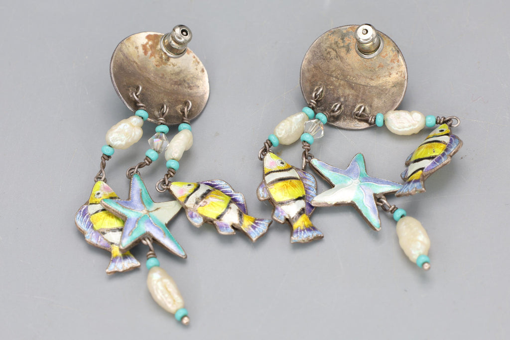 Rare, Vintage 1980s Nautical Sea Life Dangle Earrings, Enameled Sterling And Pearls, Retro Jewelry