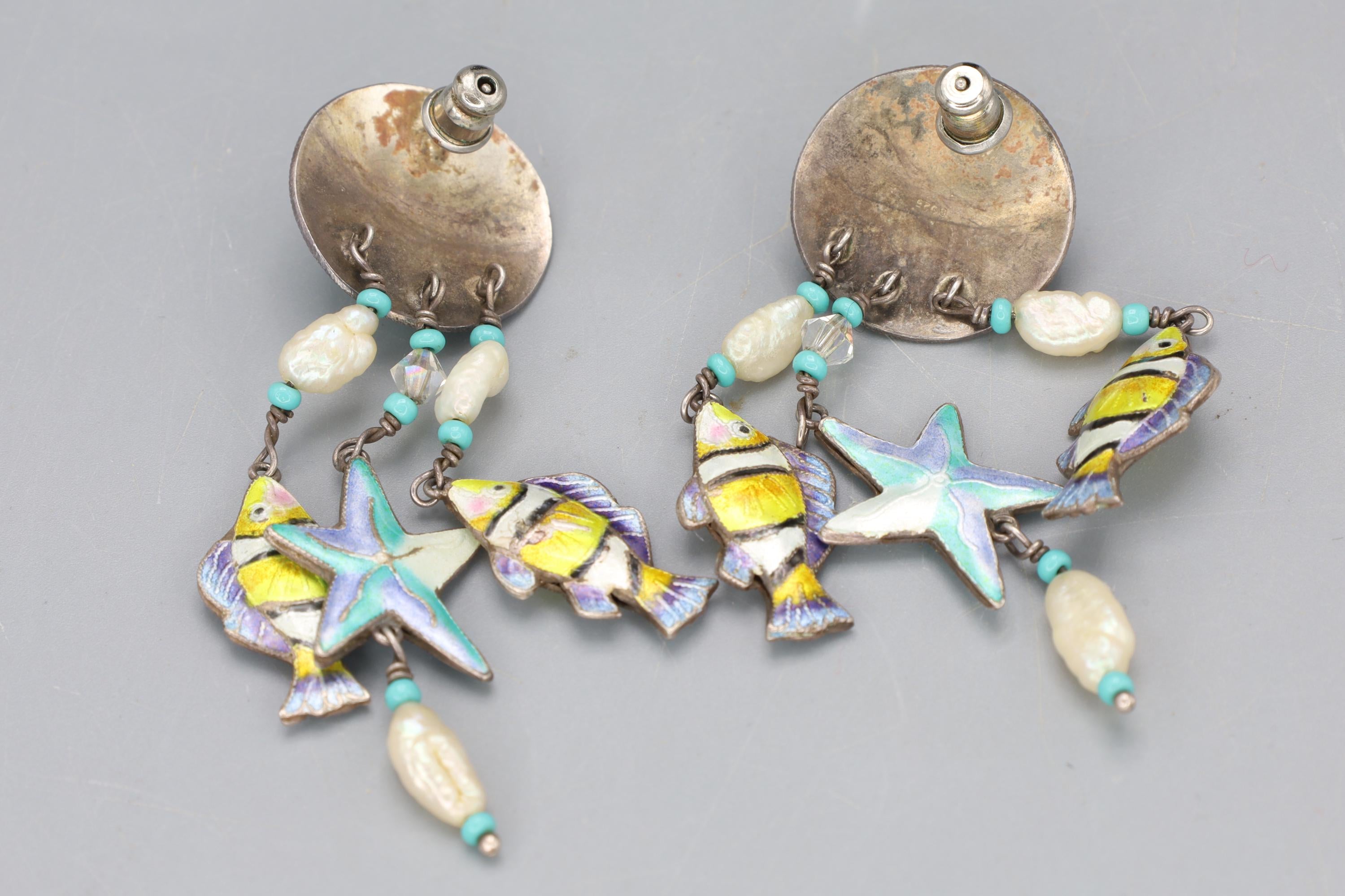 Rare, Vintage 1980s Nautical Sea Life Dangle Earrings, Enameled Sterling And Pearls, Retro Jewelry