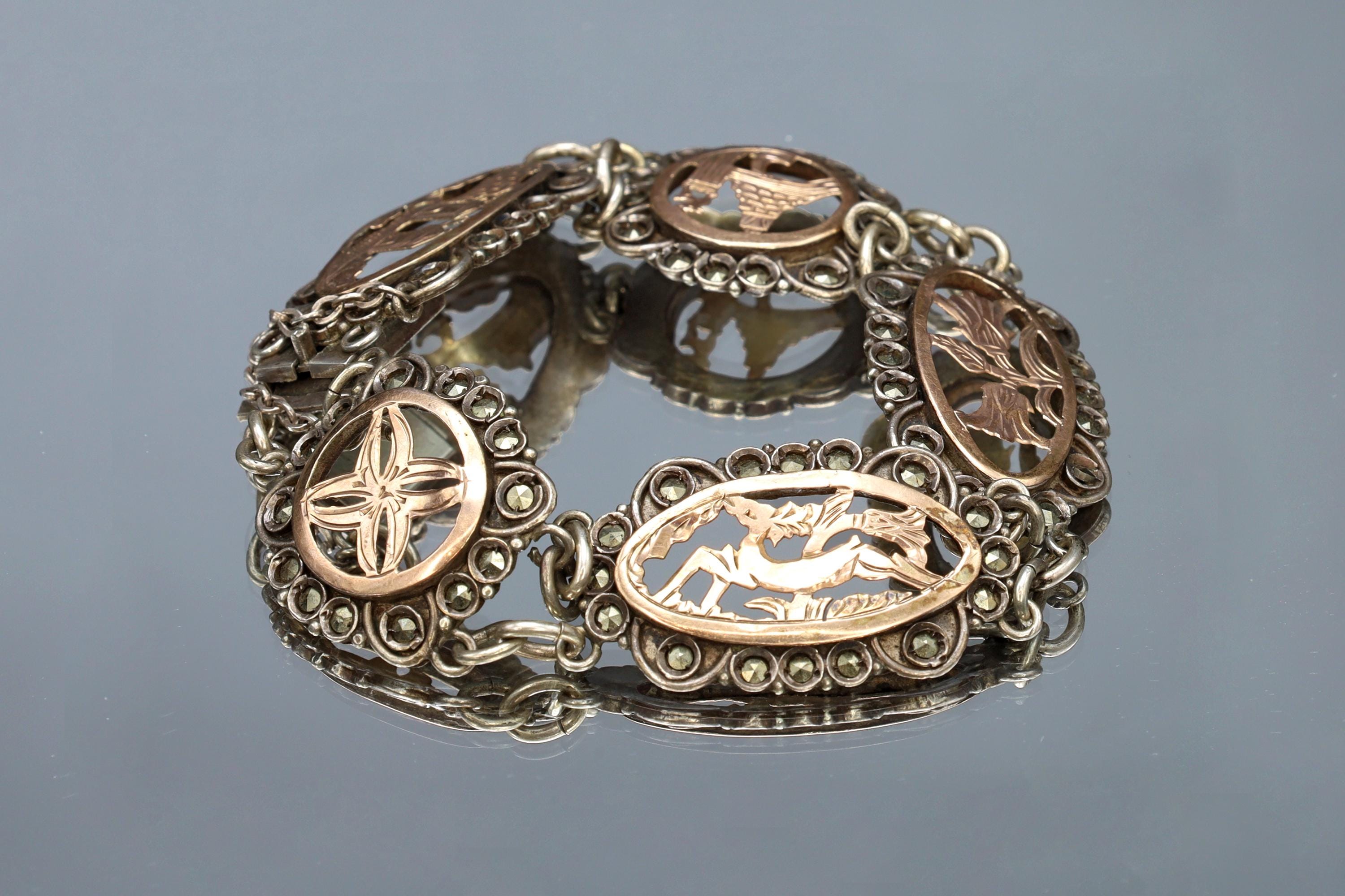 Art Deco Panel Bracelet, 900 Silver And Rose Gold. Greek Jewelry From The Mid Century, Landmarks Of Greece And Aegean Islands, Marcasite