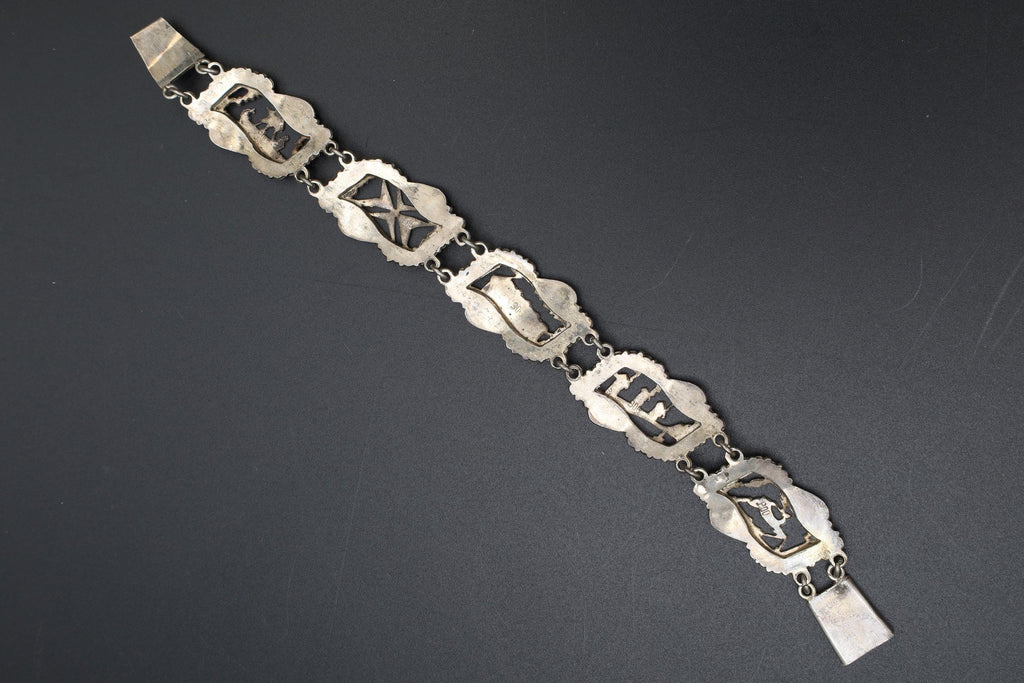 Art Deco Panel Bracelet, 900 Silver And Rose Gold. Greek Jewelry From The Mid Century, Landmarks Of Greece And Aegean Islands, Marcasite