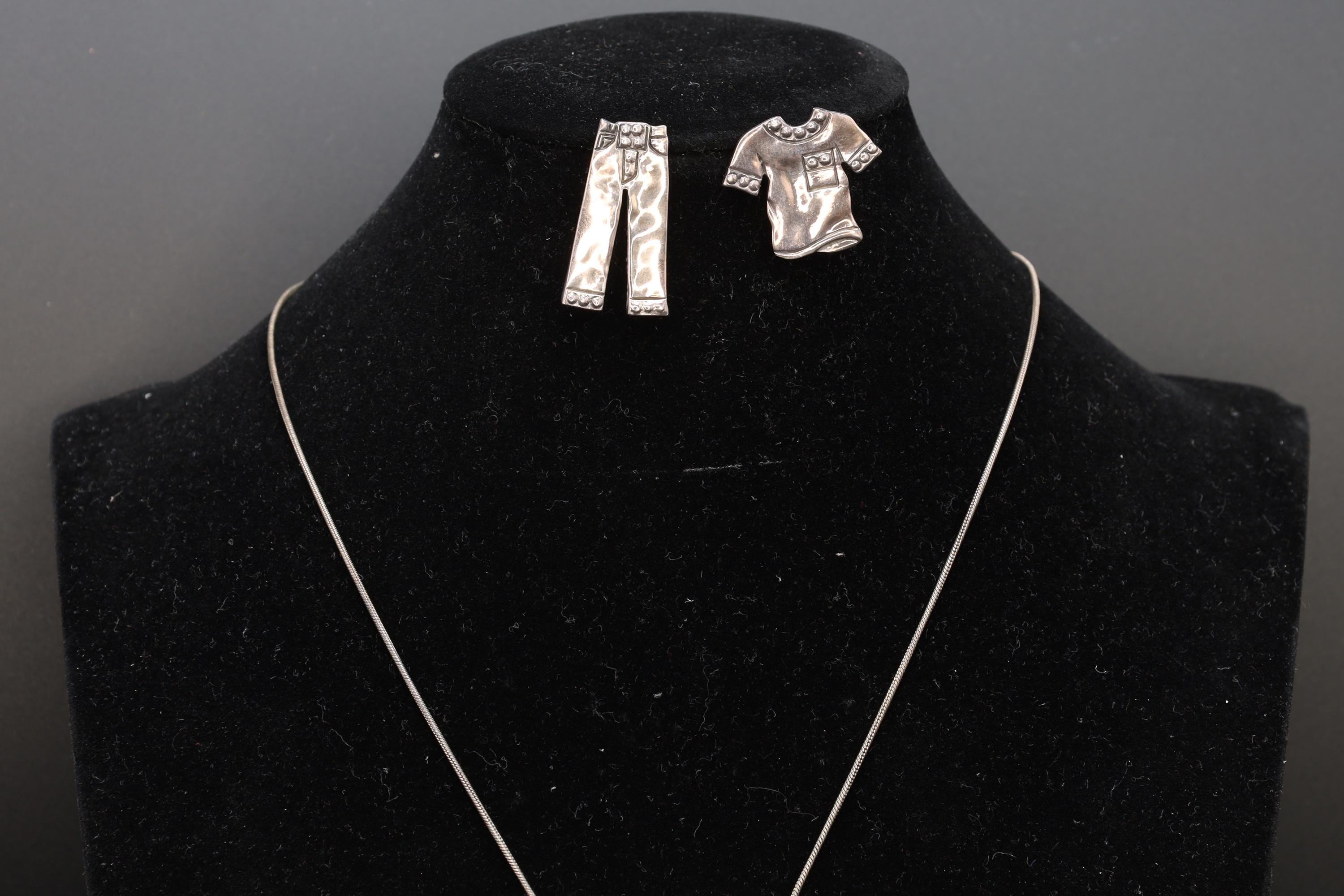 Shirt And Pants, Figural Jewelry Designs With 2 Two Pendants In A Cable Chain And Large Stud Earrings, 925 Sterling Silver