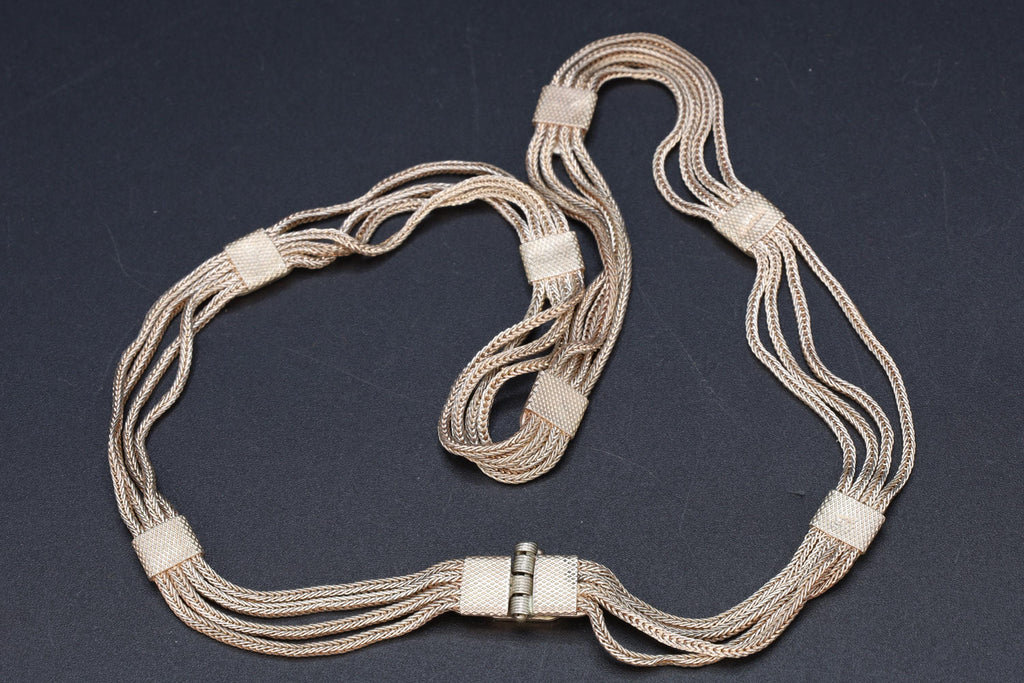 Turkish Ottoman Style Necklace, Multi Strand 925 Silver Wheat Chain, Niello Station Accents, Vintage Islamic And Caucasus Folk Jewelry