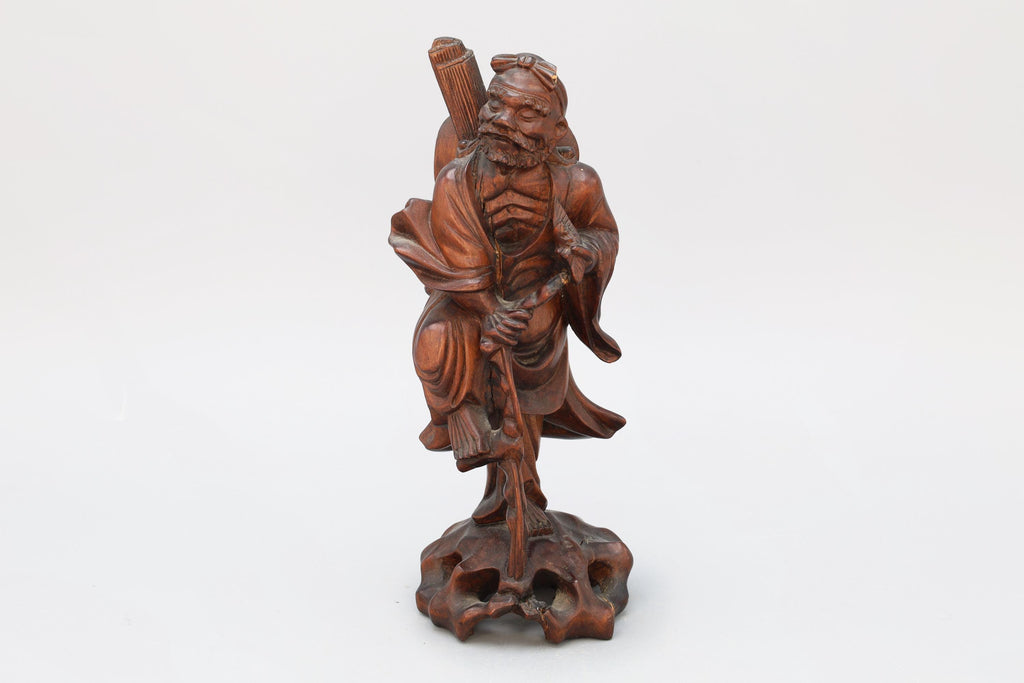 Antique Chinese Carved Wooden Statue Representing The Daoist Immortal Li Tieguai, Beggar Leaning On A Crutch, Oriental Arts And Crafts