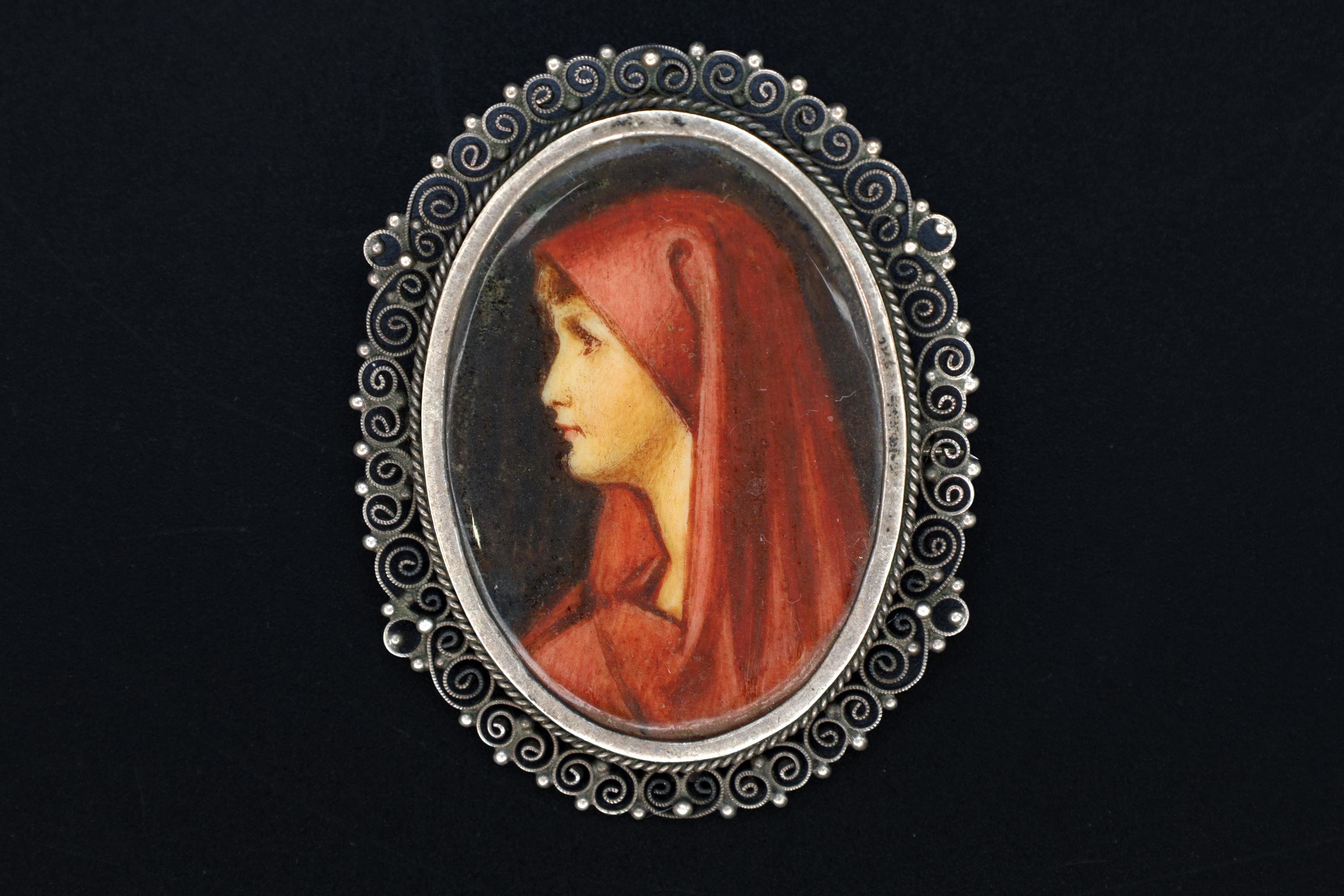 Saint Fabiola Of Rome, Antique 800 Silver Brooch Pin With A Hand Painted Religious Icon Medaillon, Art Deco Miniature Jewelry From Italy