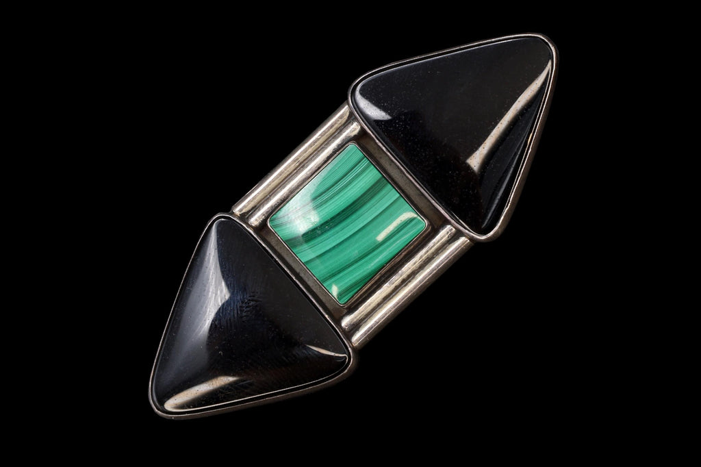 Lorenzo Smith, Sterling Silver, Black Onyx And Green Malachite Brooch, Navajo Hallmark, Southwestern Americana Fashion Jewelry, Vintage