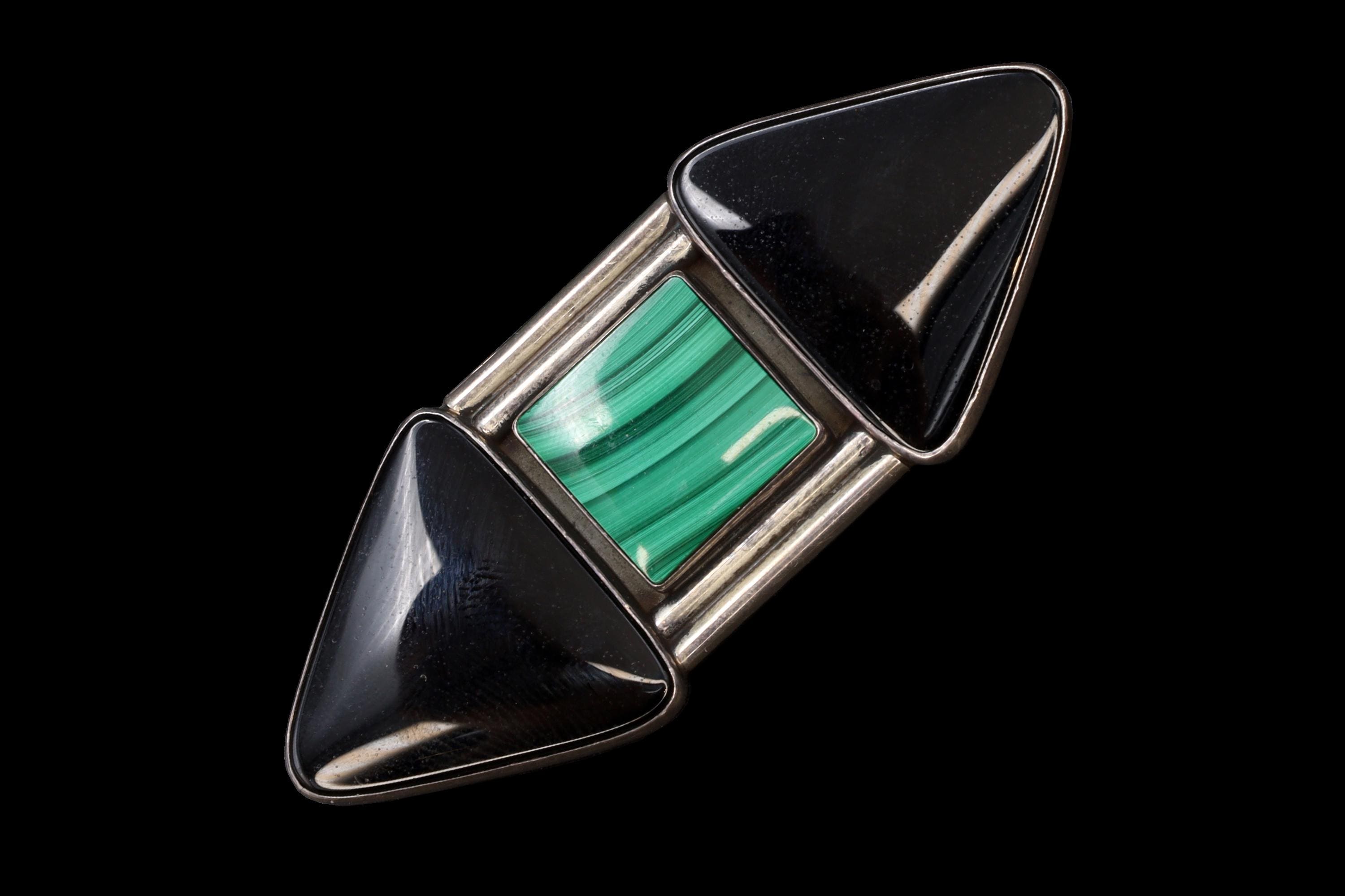Lorenzo Smith, Sterling Silver, Black Onyx And Green Malachite Brooch, Navajo Hallmark, Southwestern Americana Fashion Jewelry, Vintage