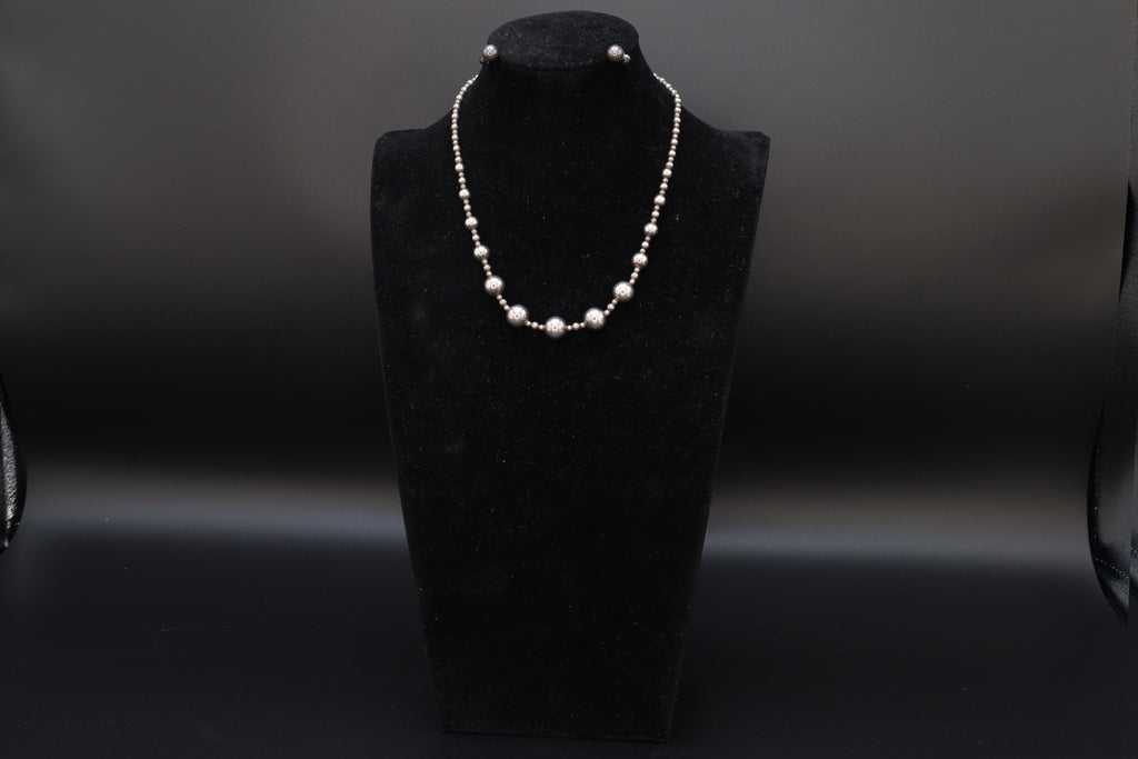 Mid Century Graduated Ball Beads Jewelry Set, Beaded Saturn Necklace And Stud Earrings, 925 Sterling Silver, Retro Fashion Accessories