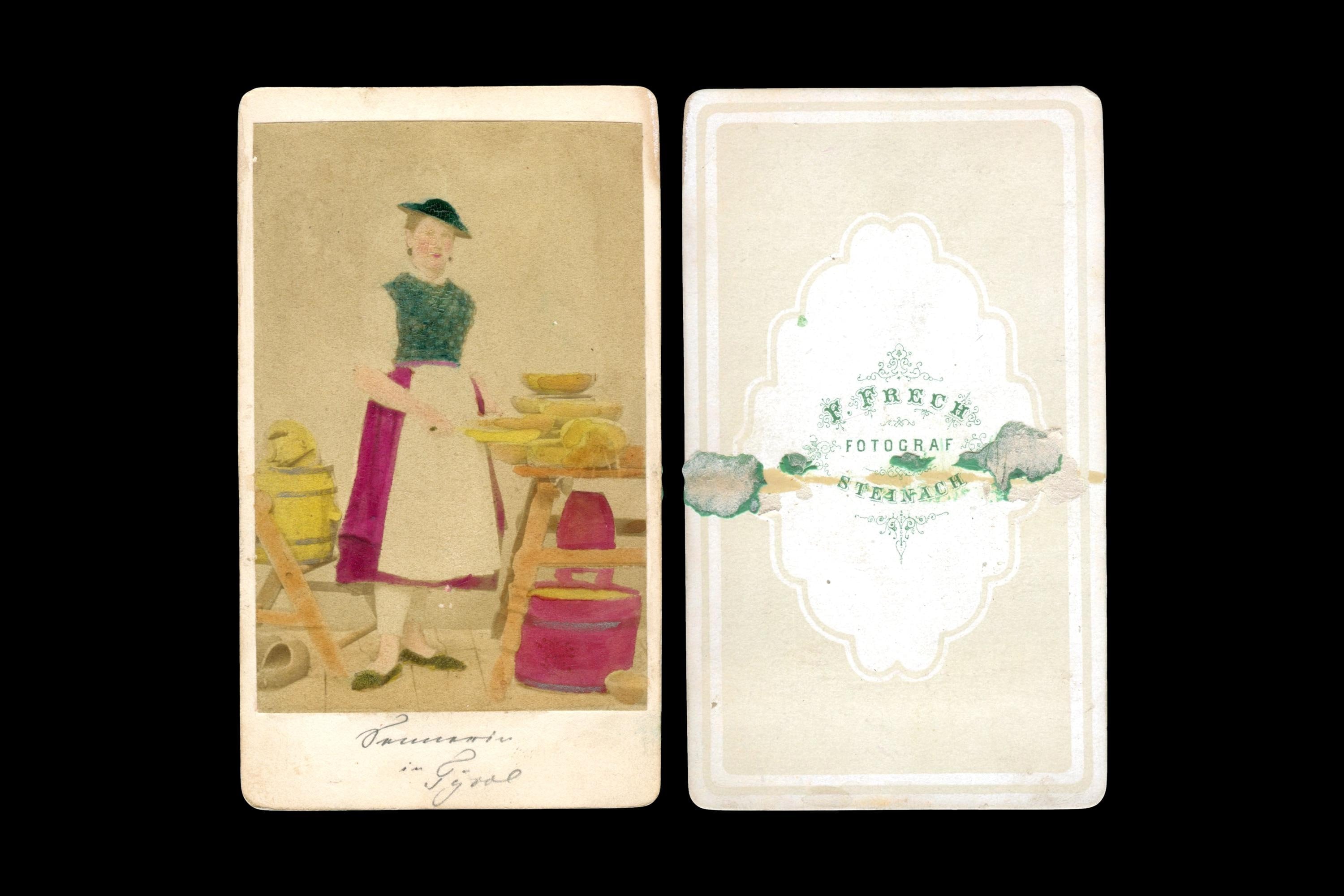 Antique 1870s Carte De Visite By F Frech Steinach With A Cheese Seller, A Lady In Tirol Clothes, Alps Mountains, Austrian Hungary Empire