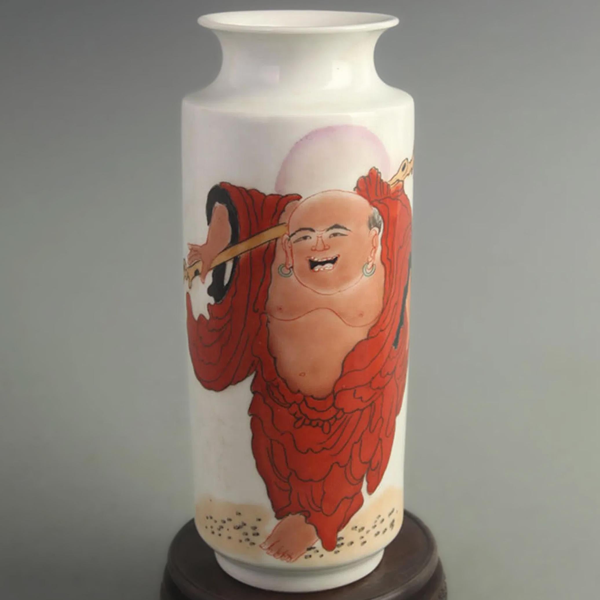 Antique Famille Rose Barrel Vase, Imperial Qing Dynasty China, A Flower Vessel With Happy Buddha, Budai Arhat, Oriental Home Decor And Art