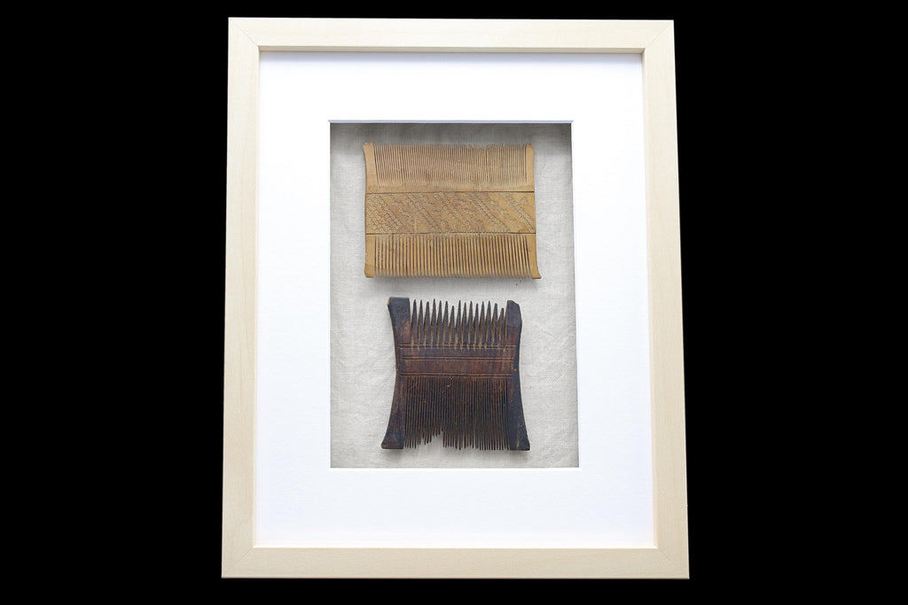 Colonial India, Circa 1920s Hand Carved Wood Combs From Rajasthan Gipsy Tribesmen, Kalbelia, Framed And Read To Hand On Wall, Bathroom Decor