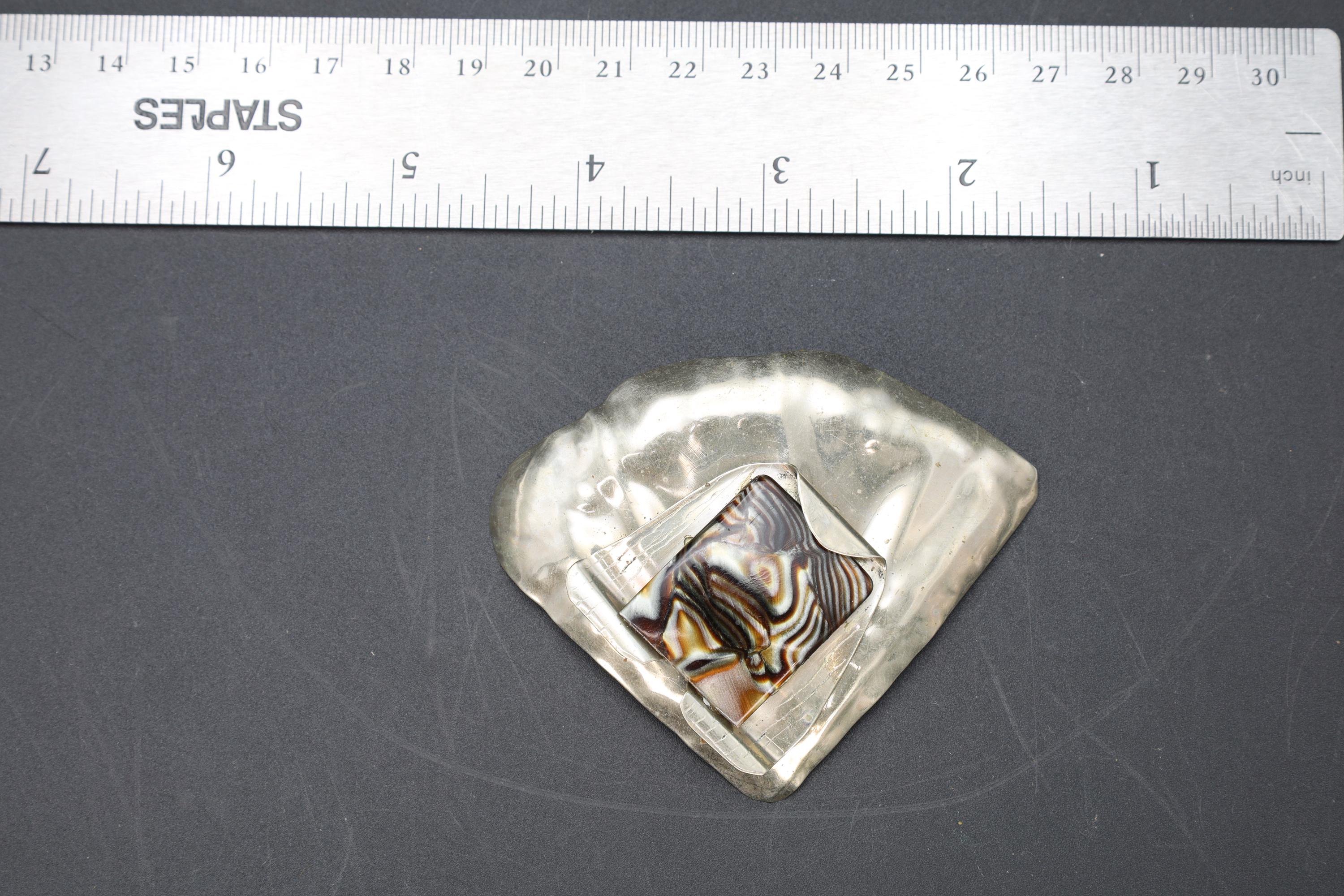 1980s Brutalist Jewelry By Llan & Berry, Hand Signed, A Large Brooch Pin Sterling Silver And Abalone Shell. American Artisan From California