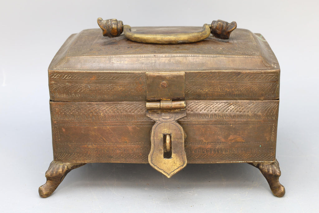 Early 20th Century Brass Metal Chest, Late Colonial India. Ethnic Rustic Spices Box, South Asia Folk Art, Oriental Crafts And Collectibles