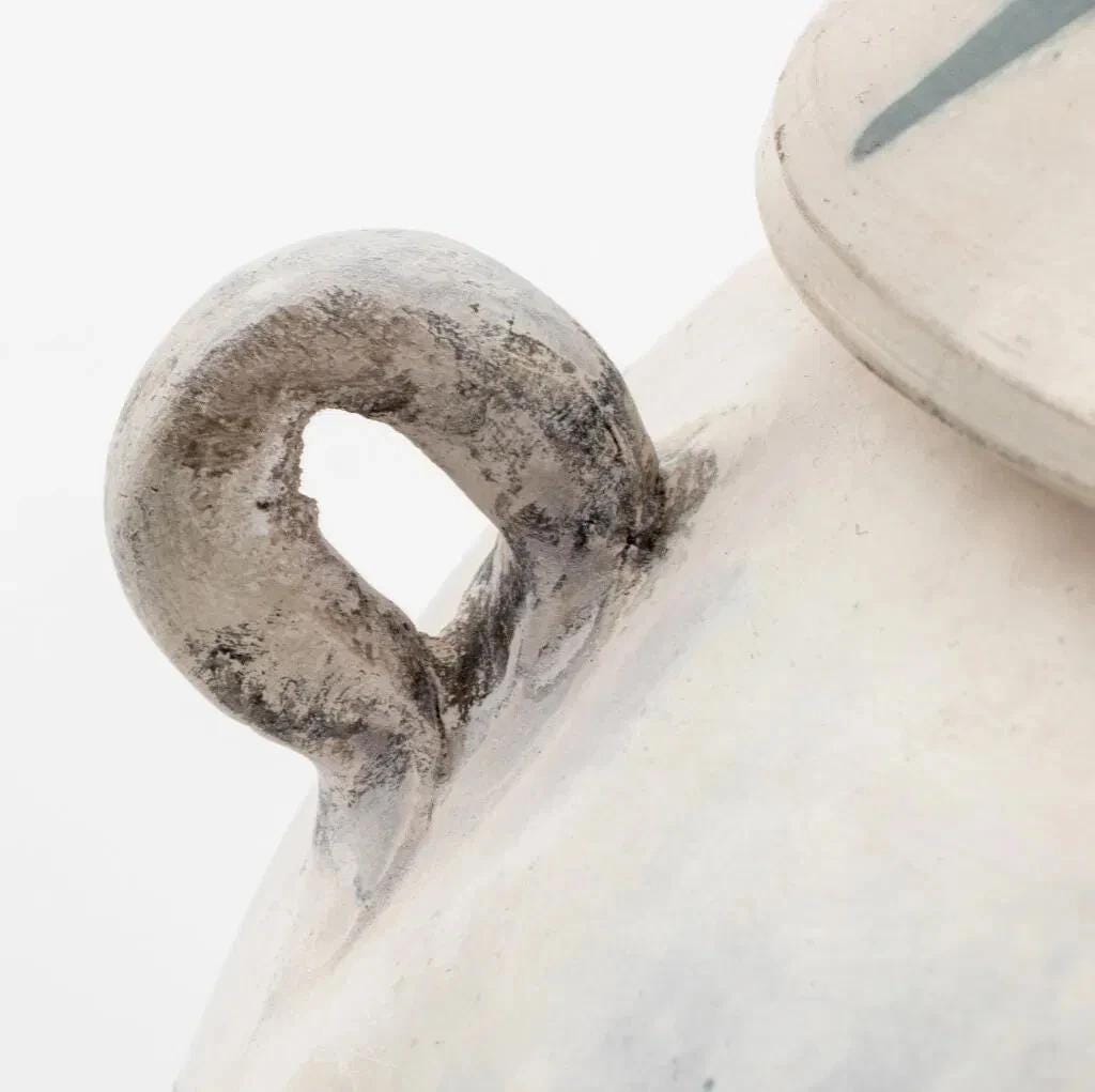 Andre Namenek, Abstract Contemporary Design Art Pottery Covered Jar, 1989 Signed. A Round Brutalist Modernist Jar With White And Blue Glaze