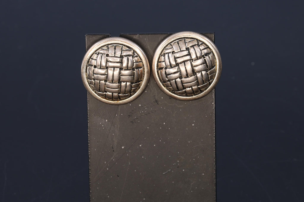 Large Round Studs, Woven Basket Earrings With Spiral Makers Hallmark, 925 Sterling Silver, Ribbon Knot, Retro Modernist Fashion Accessories