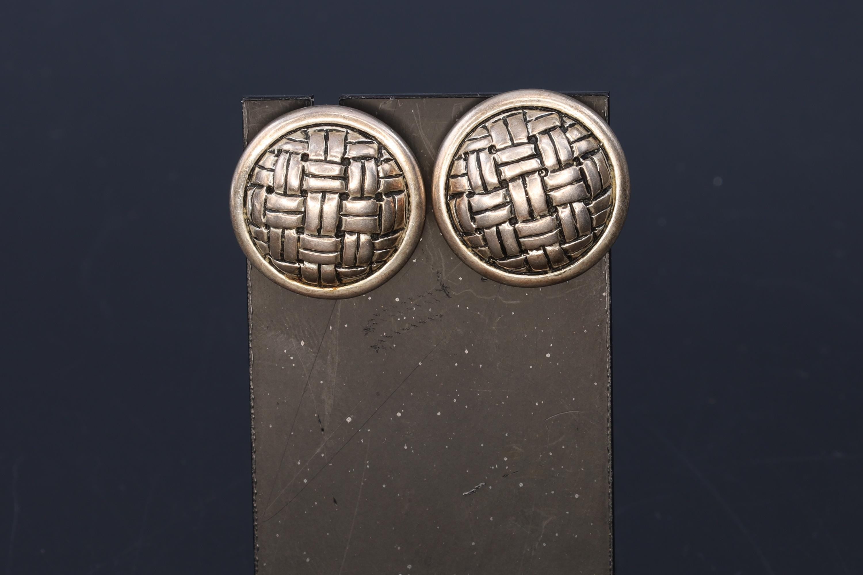 Large Round Studs, Woven Basket Earrings With Spiral Makers Hallmark, 925 Sterling Silver, Ribbon Knot, Retro Modernist Fashion Accessories